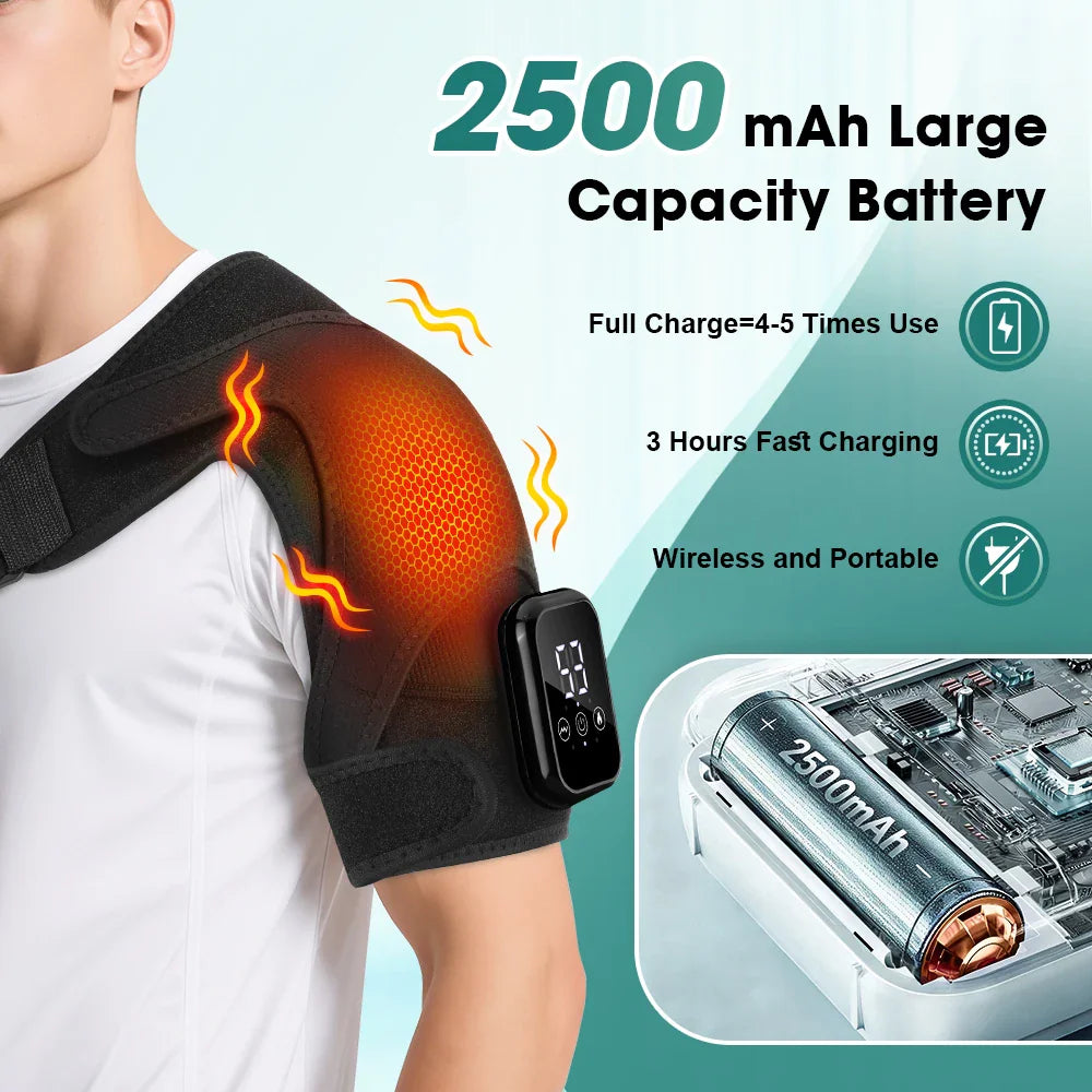 Cordless shoulder massager with 2500mAh battery shown on a man and battery detail