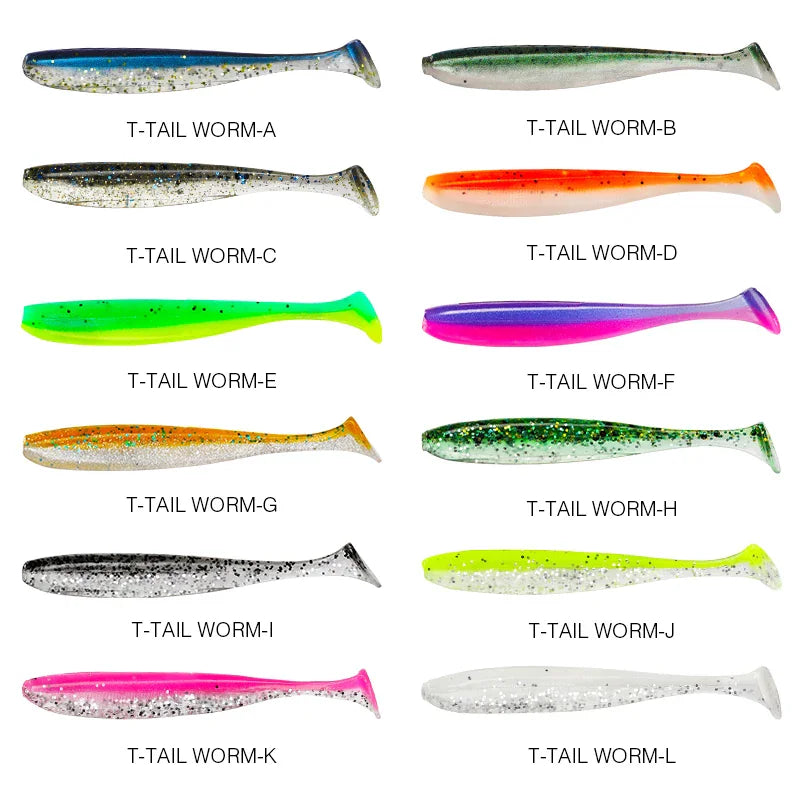 Twelve different colors of T-tail soft plastic fishing lures shown in a grid