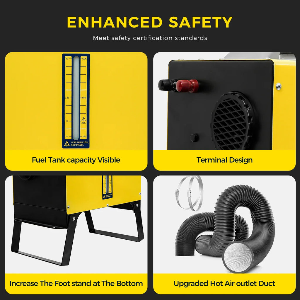 Safety features of diesel air heater including fuel tank, terminal design and foot stand