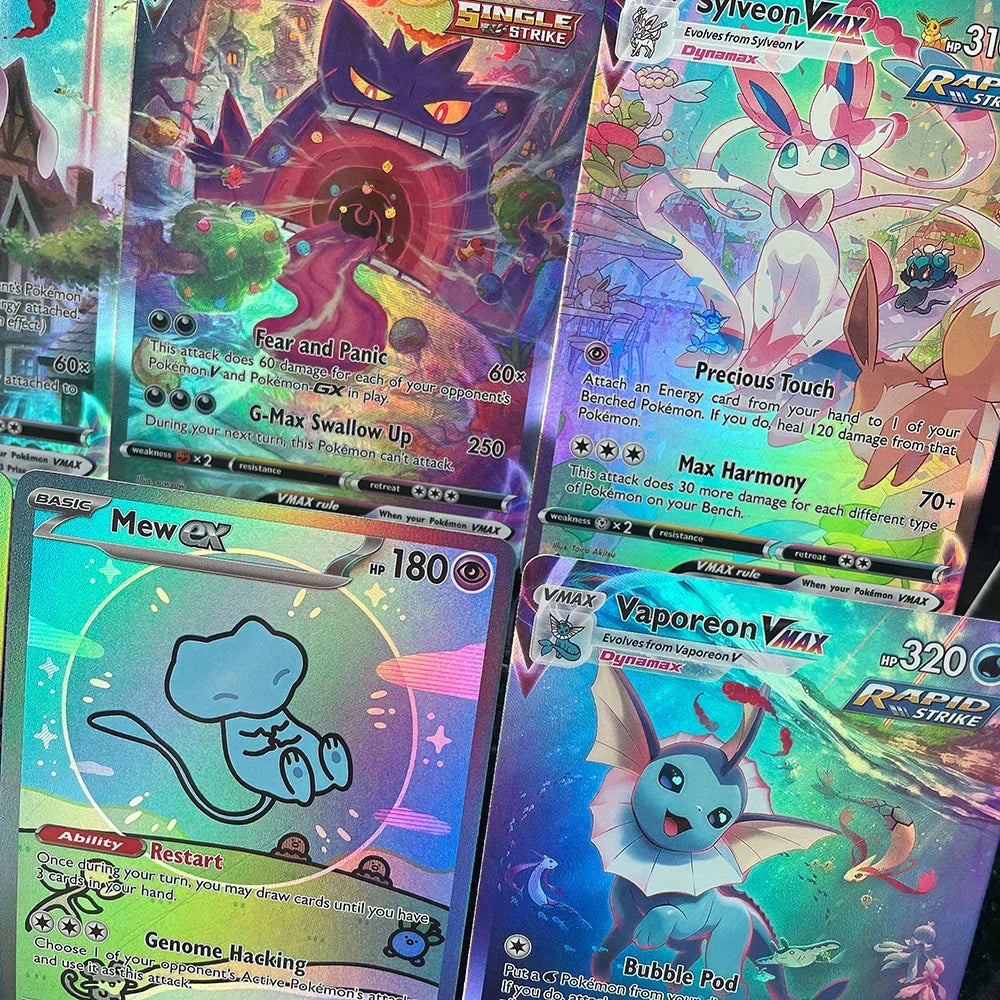 Close up shots of four different holographic trading cards showing detailed artwork and text