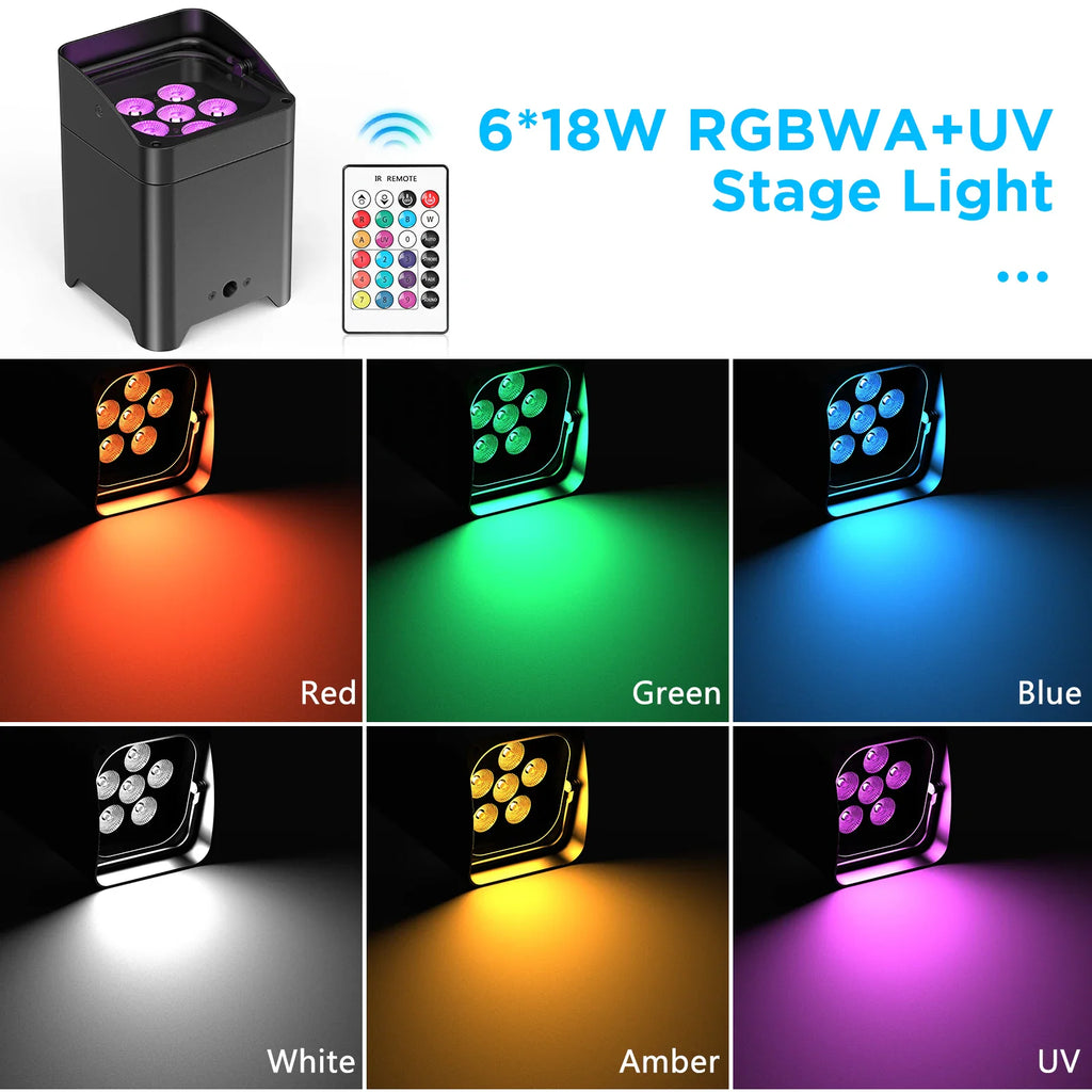 Single wireless LED stage light with remote control shown in various colors: red, green, blue, white, amber, and UV