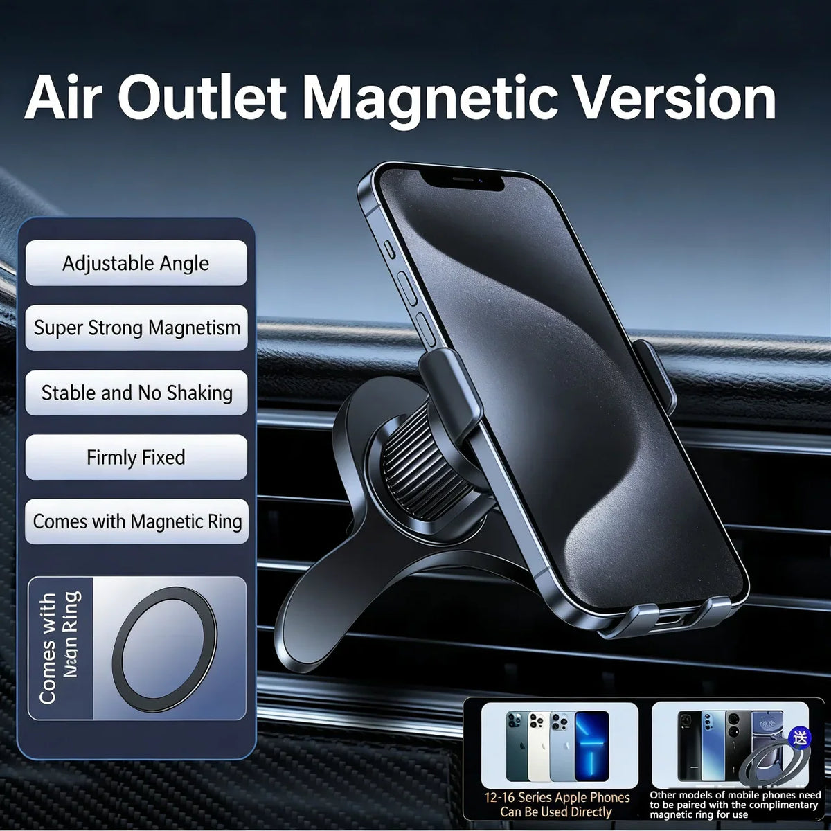 Magnetic air vent car phone holder with attached smartphone