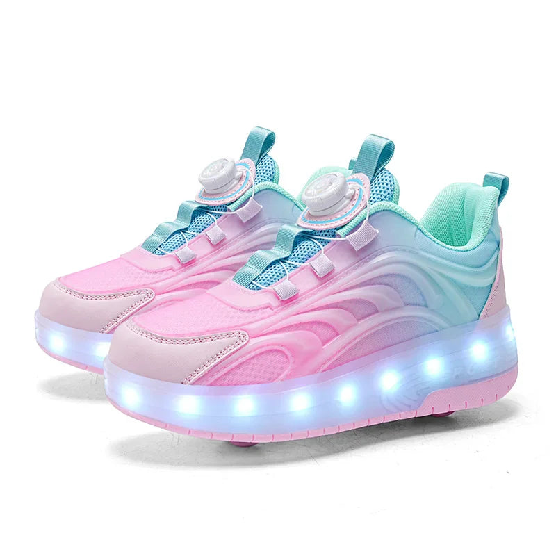 Gradient pink and turquoise LED roller skate shoes with wheels for kids