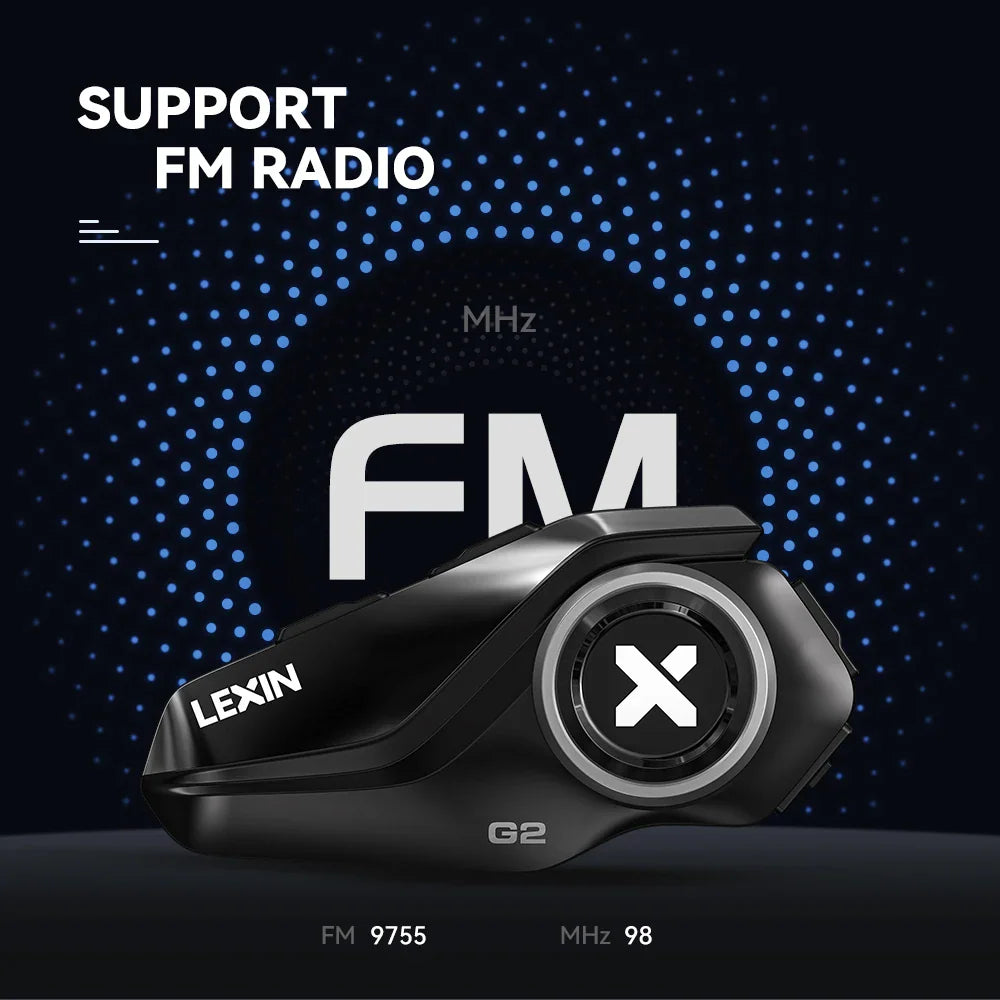 Black motorcycle bluetooth intercom unit with a dark background and FM frequency indicator.