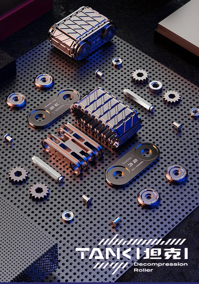 A decompression roller toy with various disassembled metal parts on a perforated background.