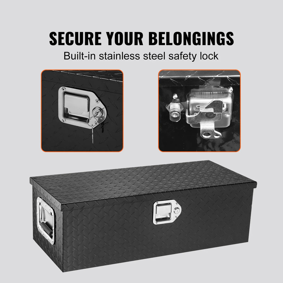 Black aluminum tool box showing close up detail of the stainless steel locking mechanism
