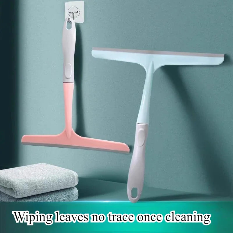 Pink and blue silicone squeegees for cleaning windows and bathroom glass