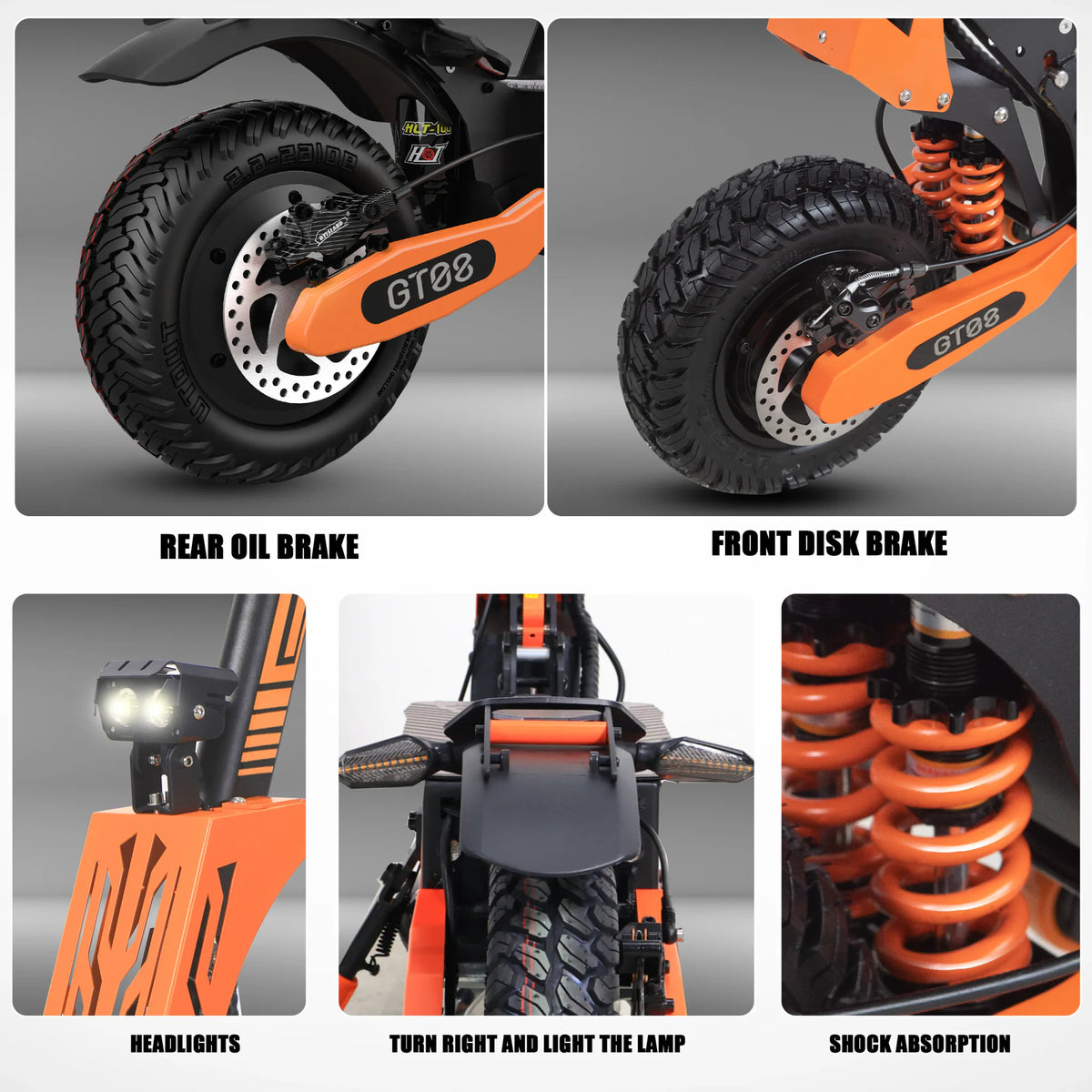 Electric scooter brake, headlight, turn signal, and shock absorption features