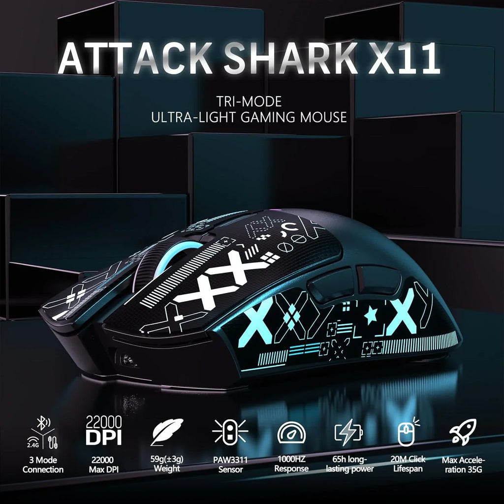 Black wireless gaming mouse with patterned finish and RGB lighting, shown with technical specification icons