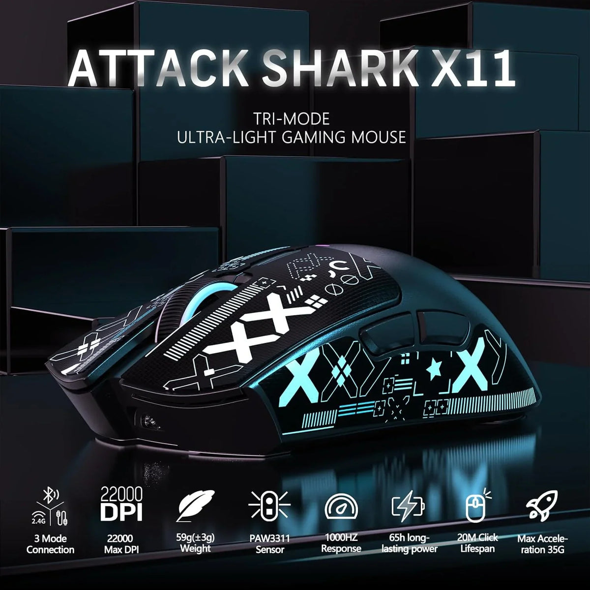 Black wireless gaming mouse with patterned finish and RGB lighting, shown with technical specification icons