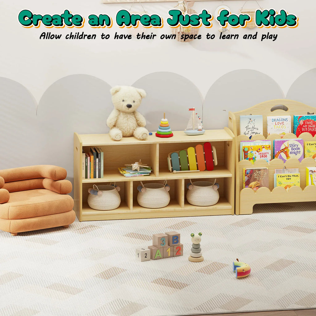 2-tier oak-colored wooden Montessori cabinet for kids' toy and book storage – view 5