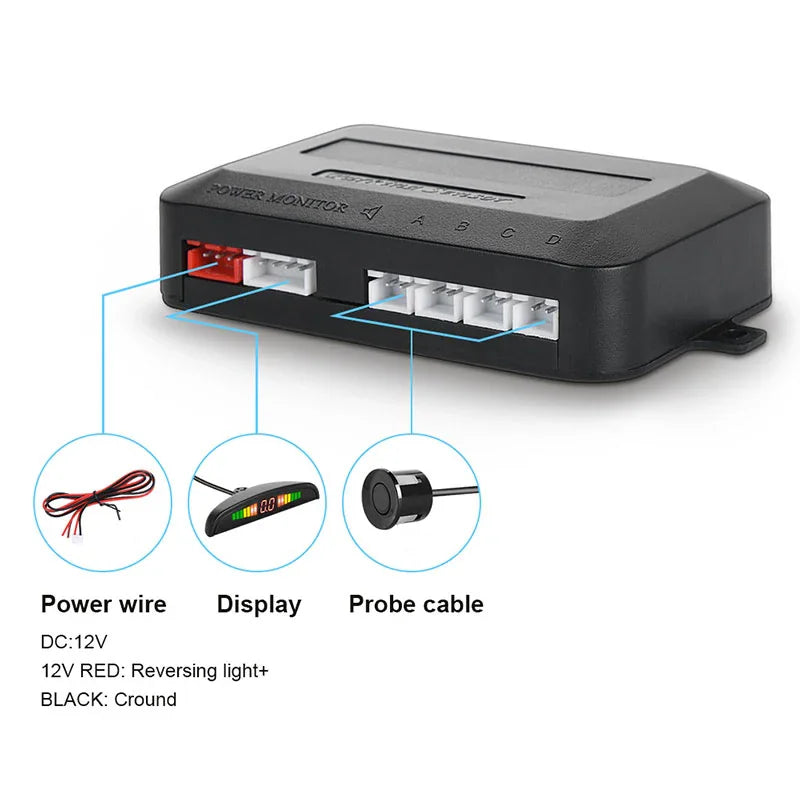 Control module for car parking sensor system showing wiring connections and power specifications.