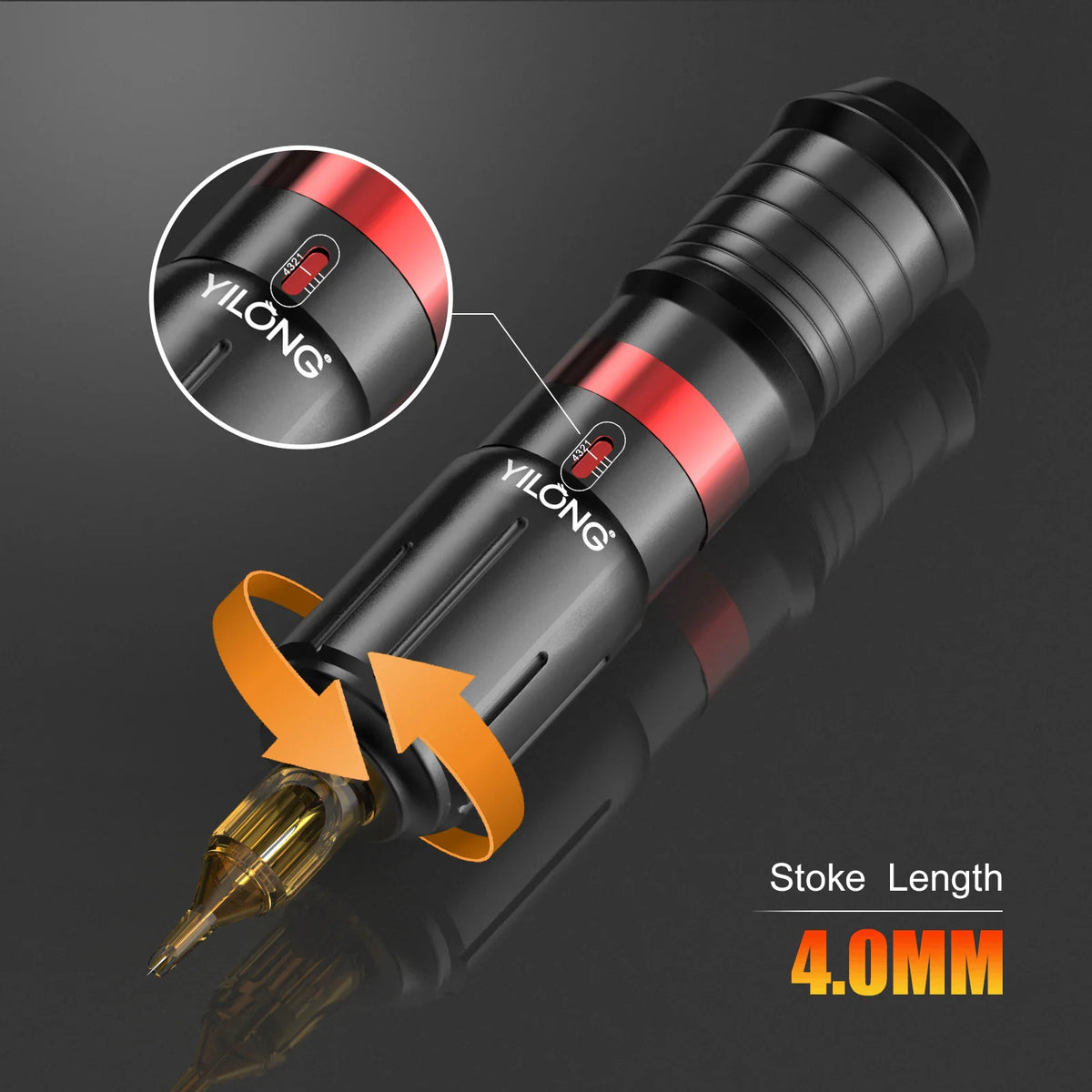 Close up of rotary tattoo machine pen showing adjustable stroke length