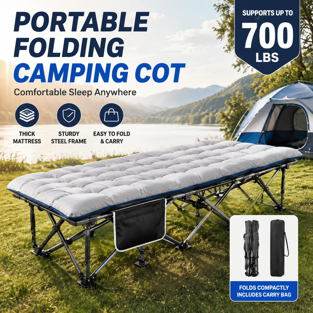 Portable camping cot with a thick light grey mattress and steel frame set up on grass near a lake.