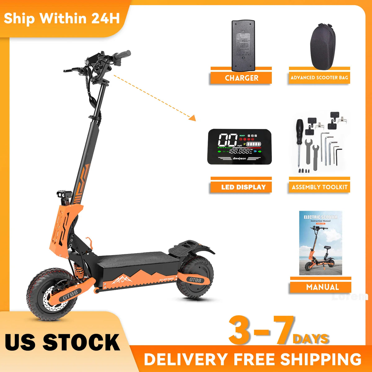 Orange and black off-road electric scooter with charger, toolkit, display, and user manual