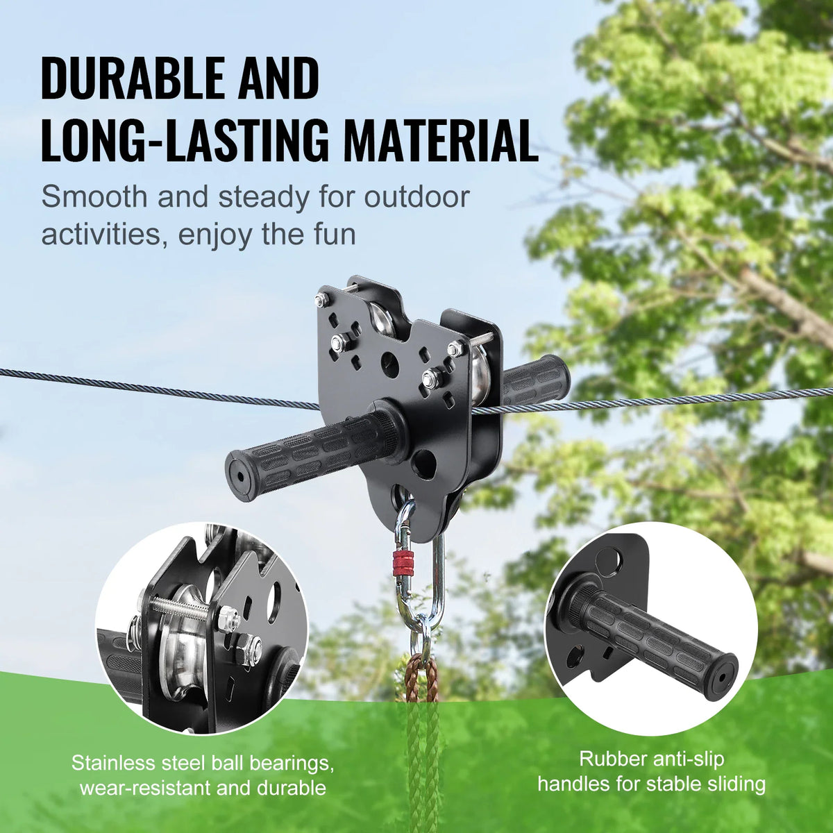 Zipline trolley pulley with rubber anti-slip handles and stainless steel ball bearings.