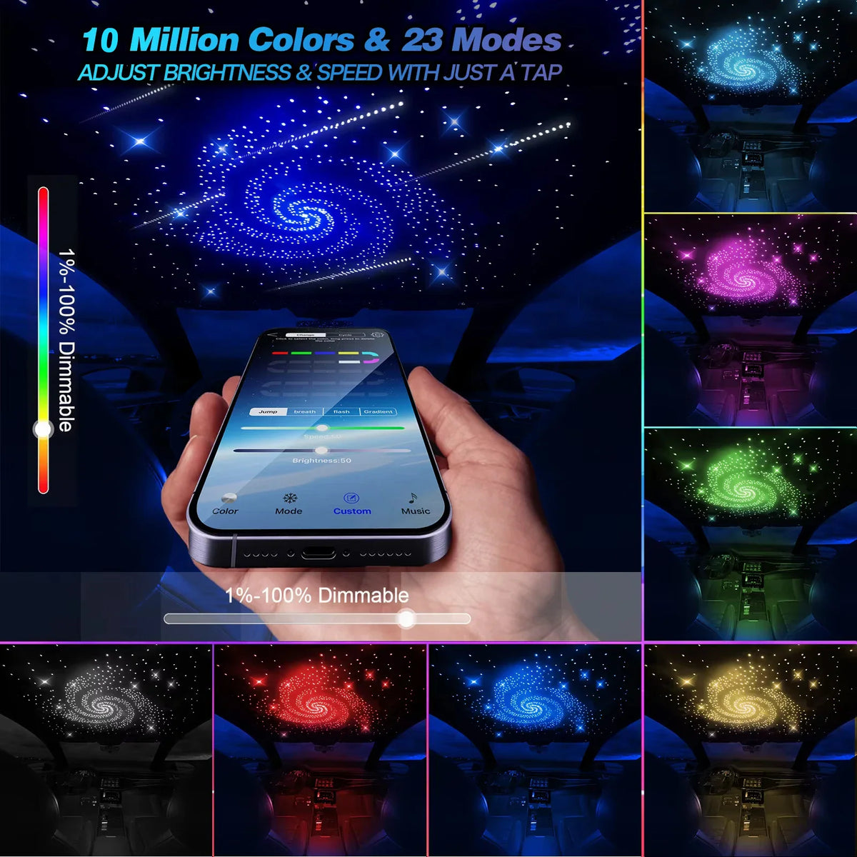 Smartphone app interface for controlling multi-colored fiber optic starry sky car ceiling lights