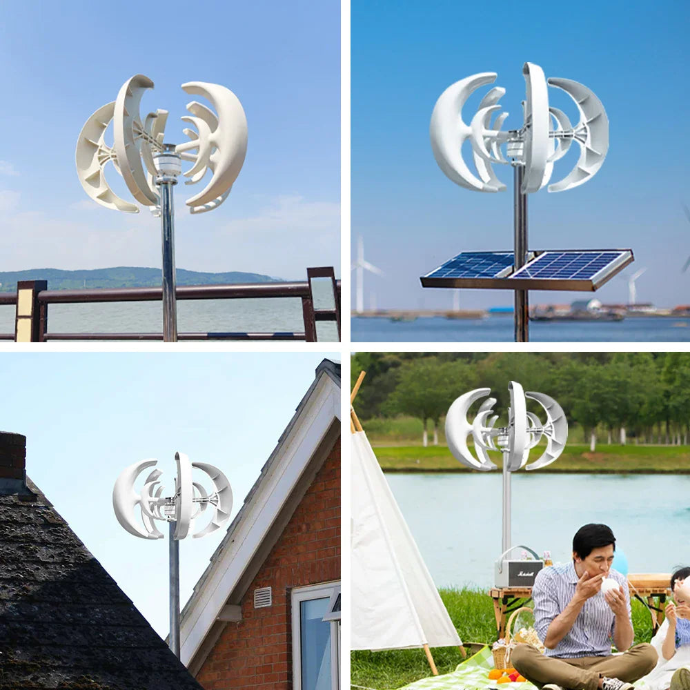 Four scenes showing vertical axis wind turbines in various residential and outdoor camping environments