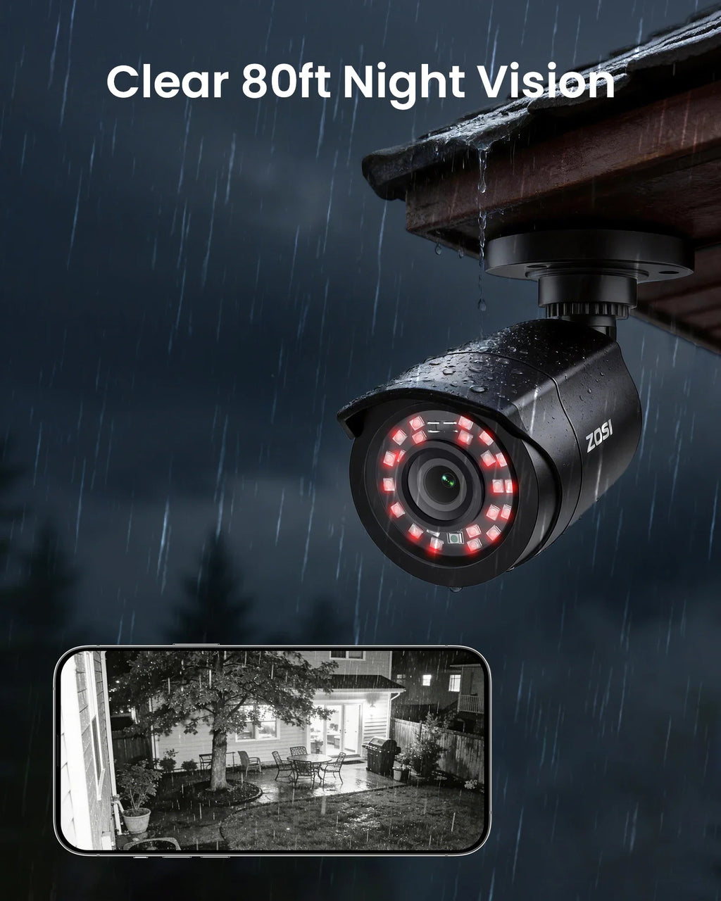 A black bullet security camera mounted under a roof edge in the rain with a digital screen showing a night vision view.