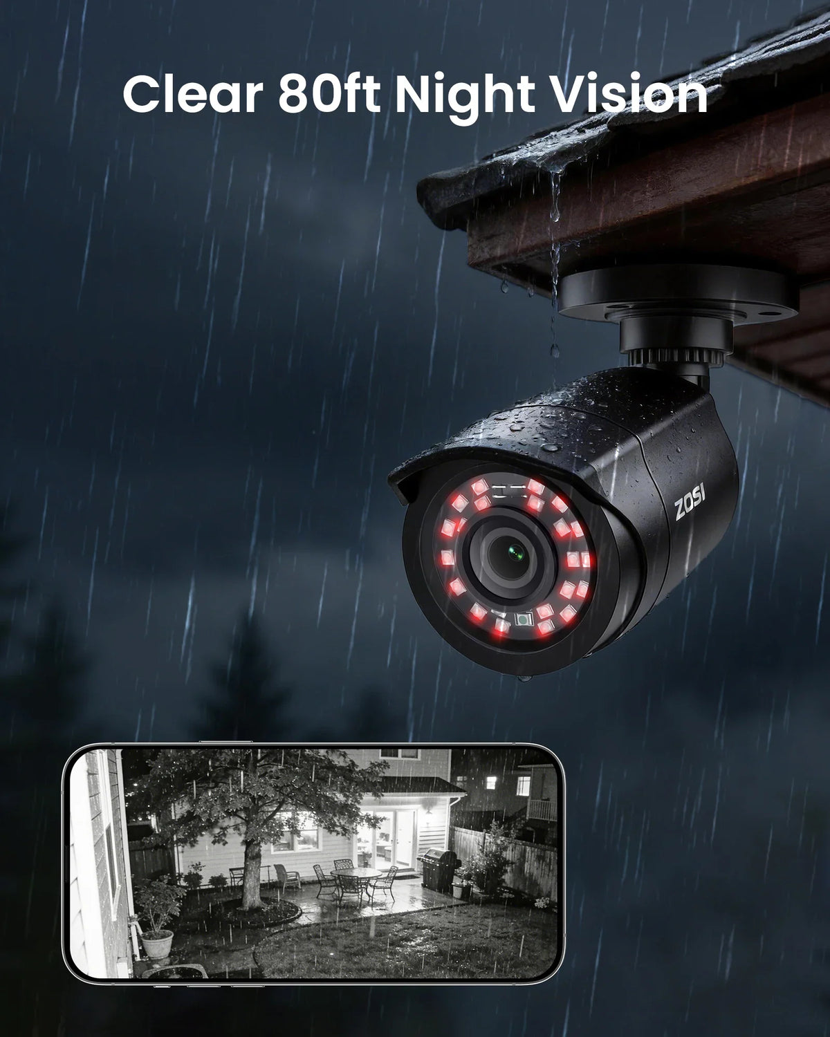A black bullet security camera mounted under a roof edge in the rain with a digital screen showing a night vision view.