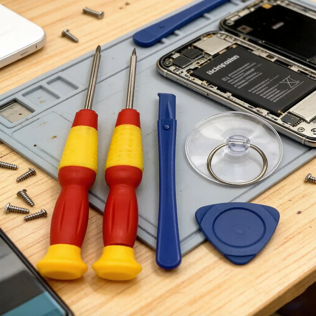 Smartphone repair kit with screwdrivers, pry tool, suction cup, and pick on a repair mat