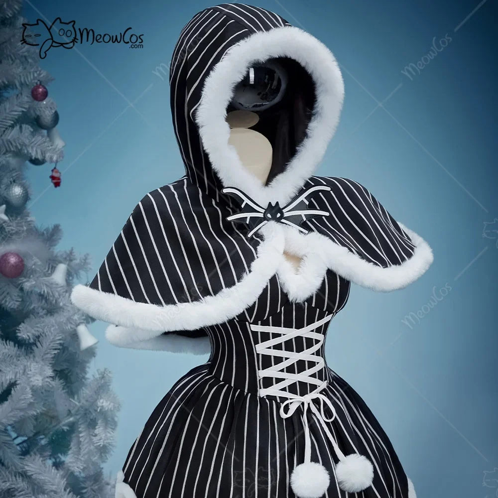 Women's gothic style striped dress and hooded cloak costume set with white faux fur trim