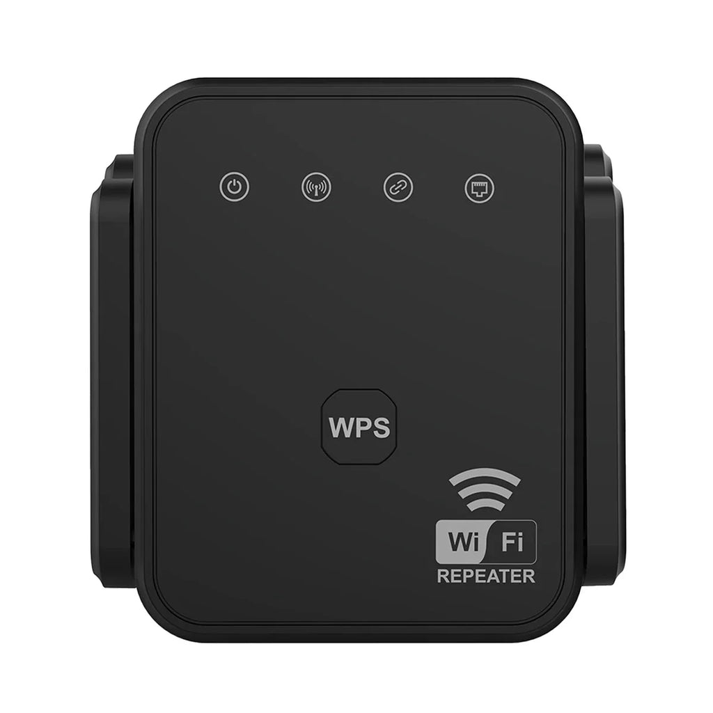 Black wireless Wi-Fi signal repeater with WPS button and signal indicators