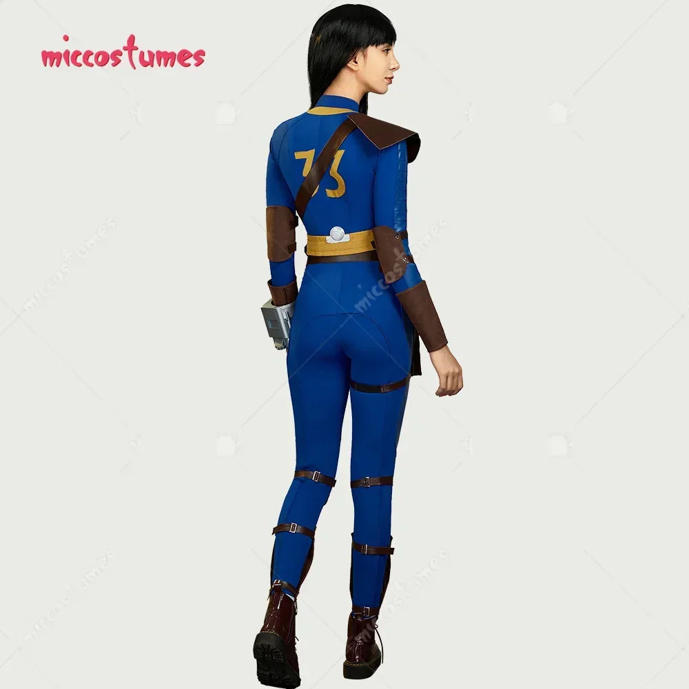 Back view of blue and yellow vault suit cosplay jumpsuit with brown armor pieces on a female model