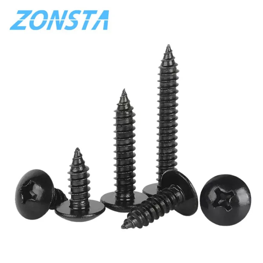 Black Phillips truss head self-tapping screws of different lengths