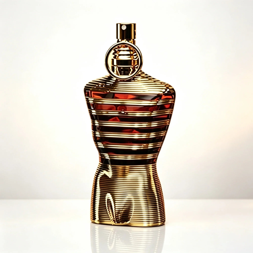 Gold striped male torso shaped perfume bottle