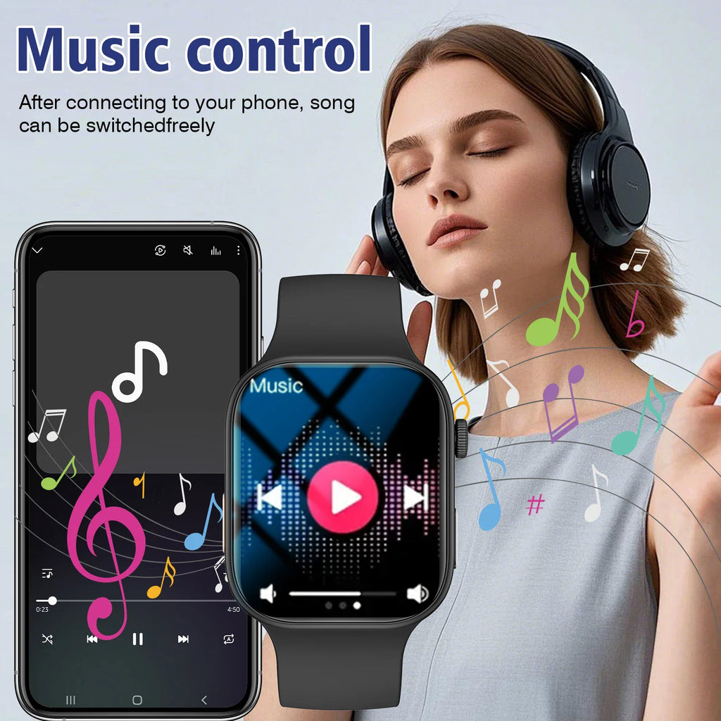 A person wearing headphones next to a black smartwatch, illustrating music control functionality.
