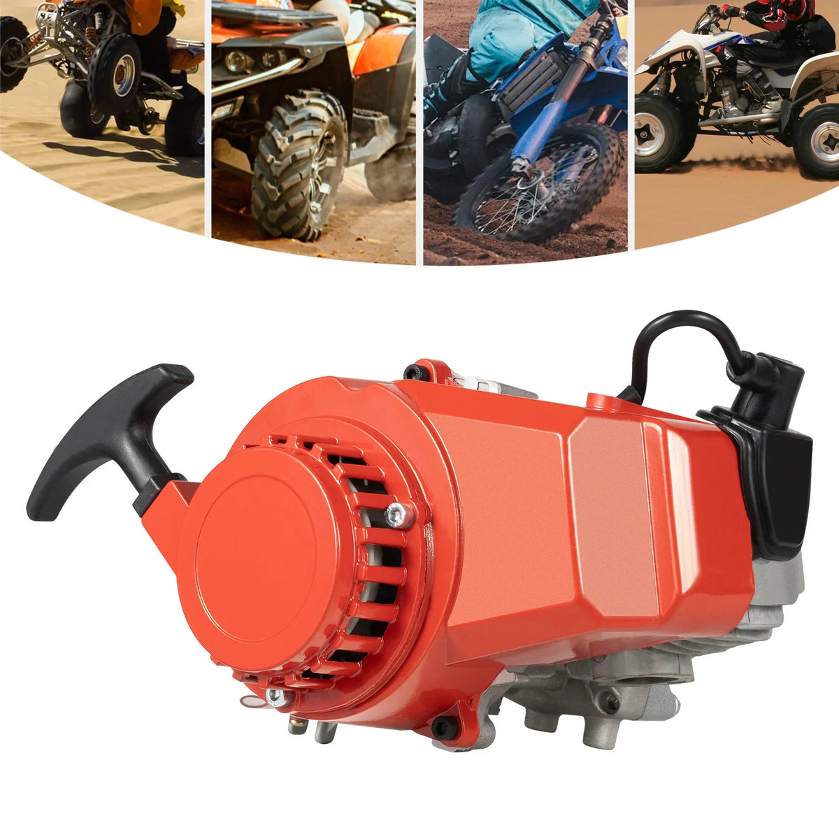 49CC 2-stroke gas engine for mini dirt bike, ATV, and pocket bike with collage showing usage examples