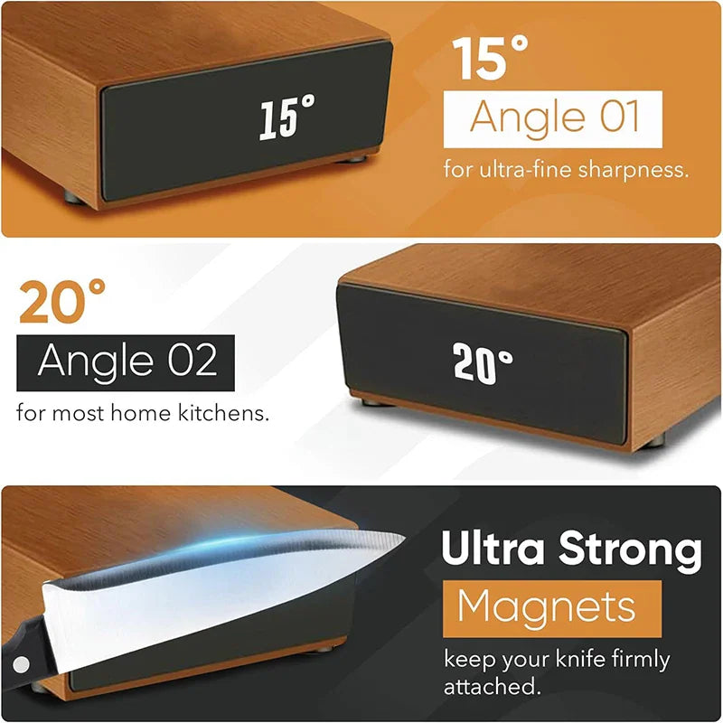 Magnetic knife sharpening base showing 15 and 20 degree angles with a blade attached
