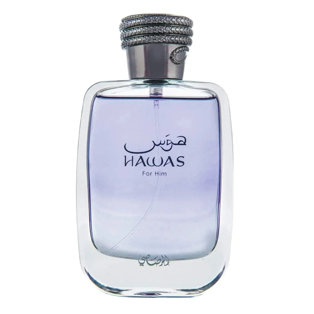 Glass bottle of men's eau de parfum with purple liquid and a decorative silver cap