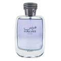 Glass bottle of men's eau de parfum with purple liquid and a decorative silver cap