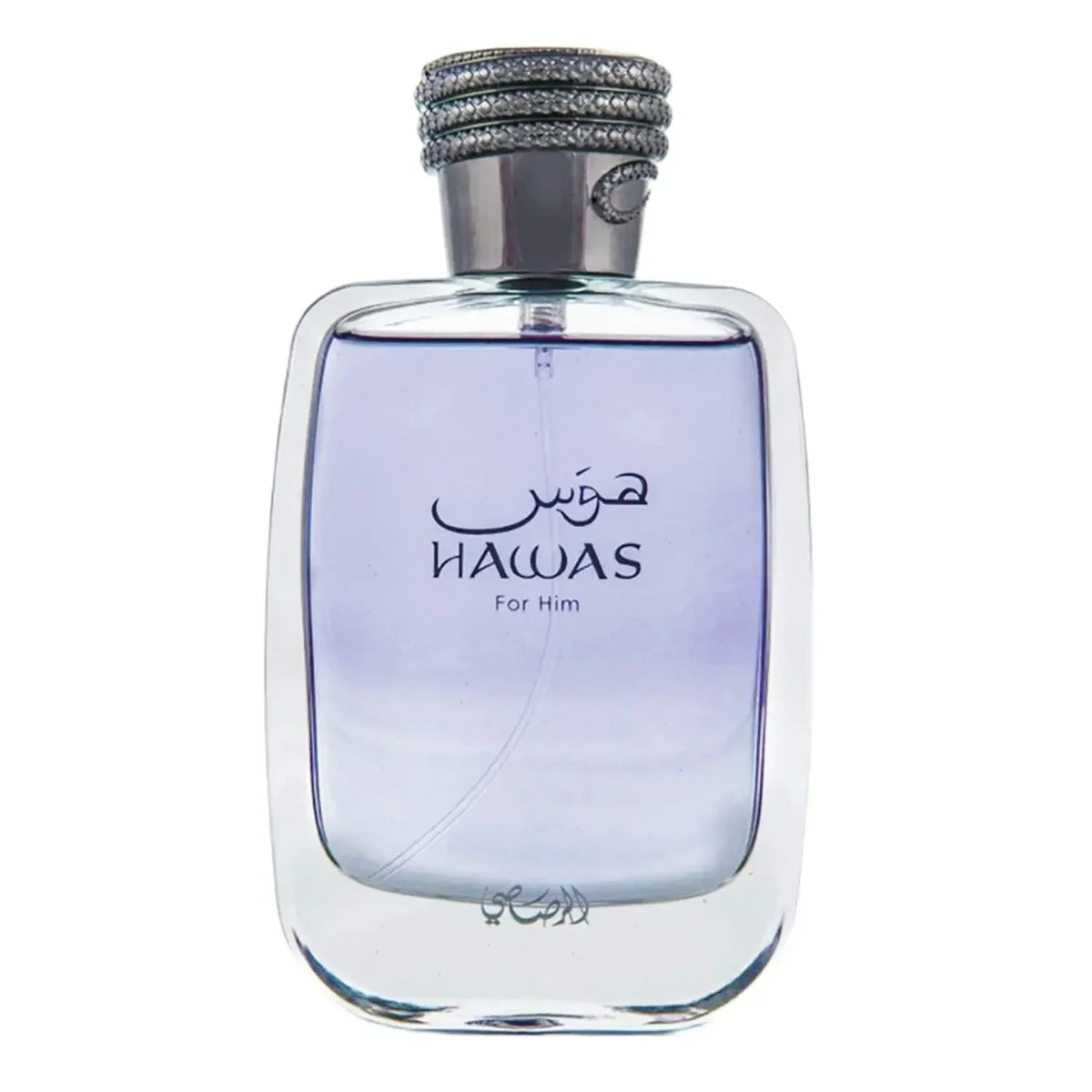 Glass bottle of men's eau de parfum with purple liquid and a decorative silver cap