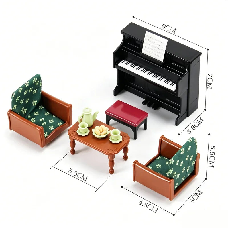 Miniature dollhouse living room furniture set including a piano, armchairs, and tea table with measurement labels.