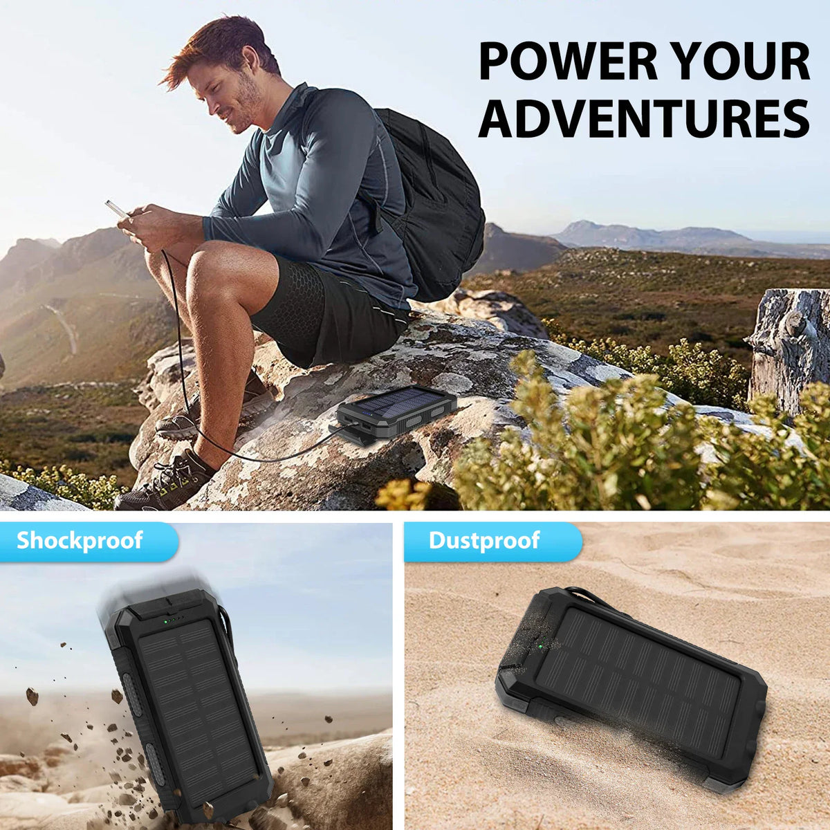 Person charging a smartphone with a durable solar power bank in an outdoor rocky environment