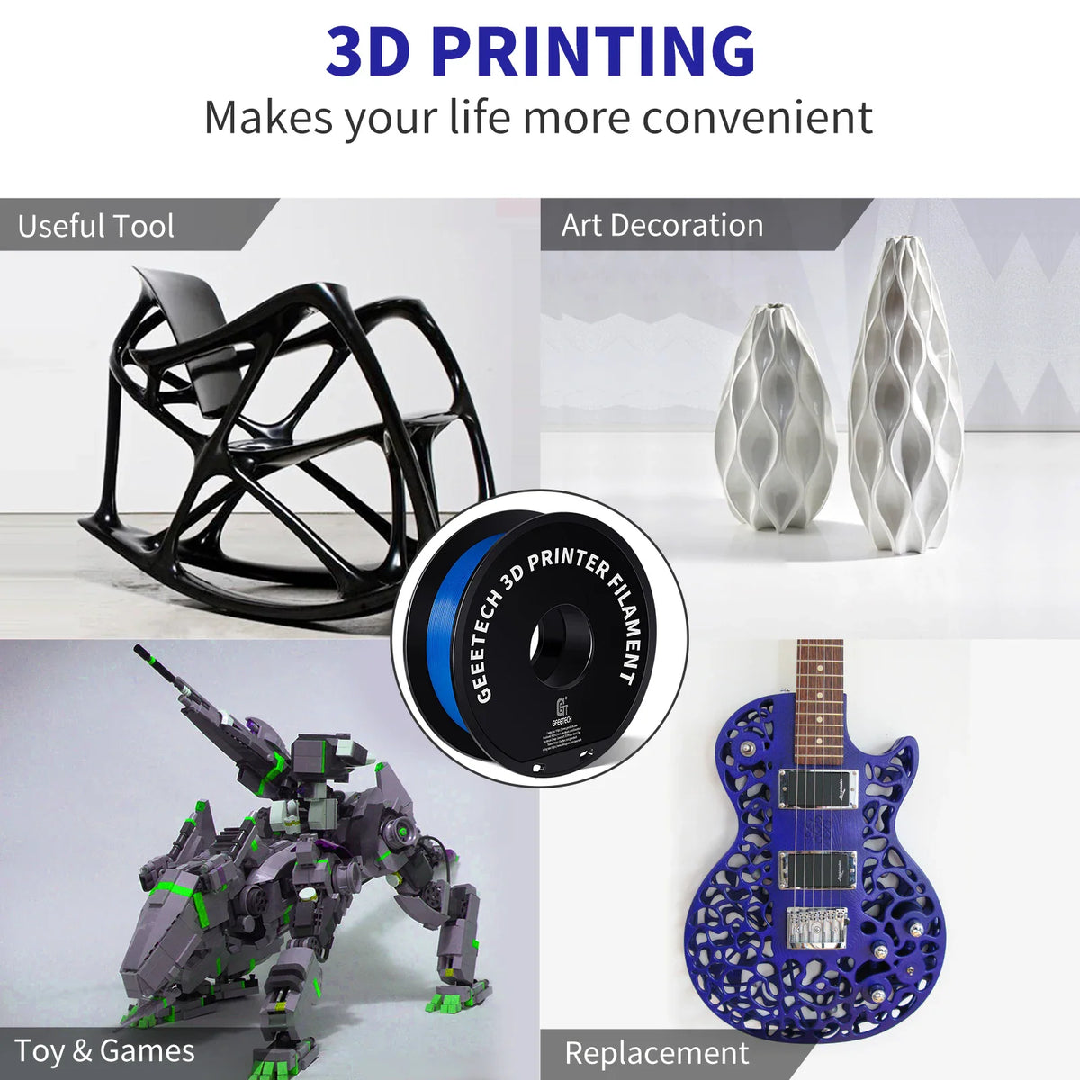 Examples of 3D printed objects including a chair, vases, a robot toy, and a guitar