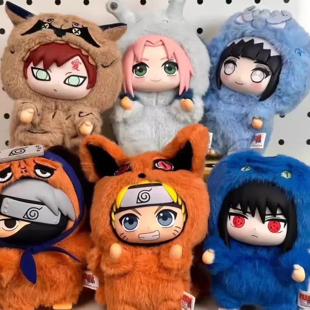 Group of six different anime character plush toys wearing animal costumes