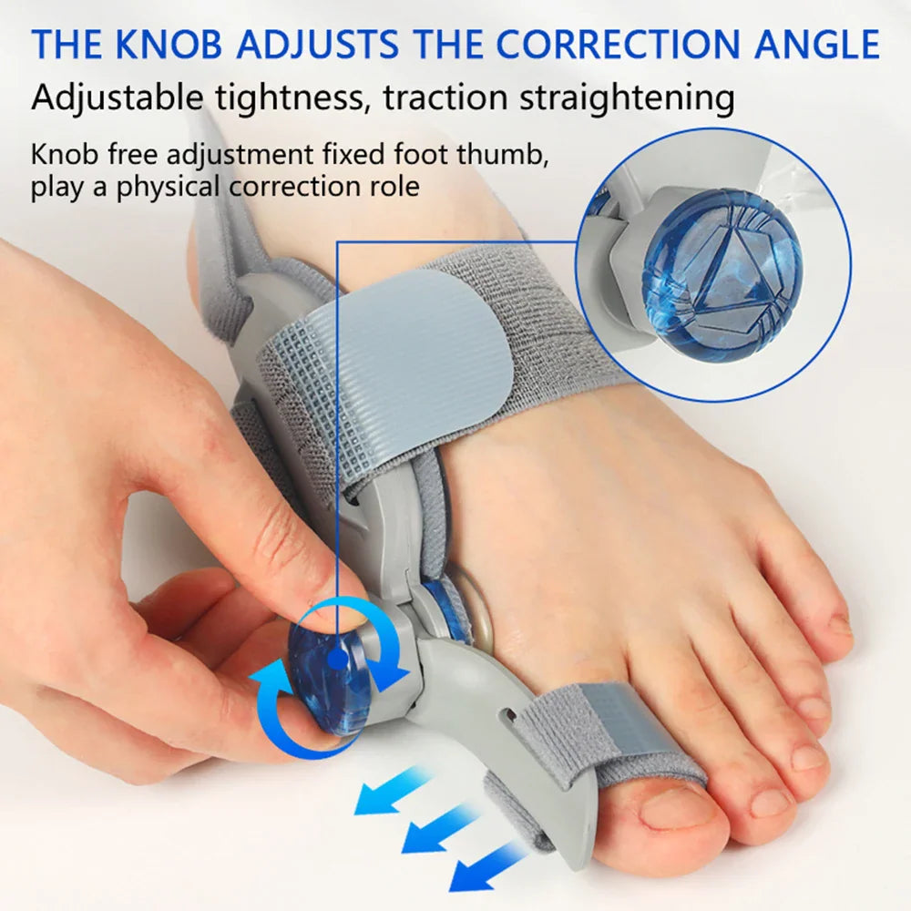 Hand adjusting the tension knob on a grey foot brace for bunion correction
