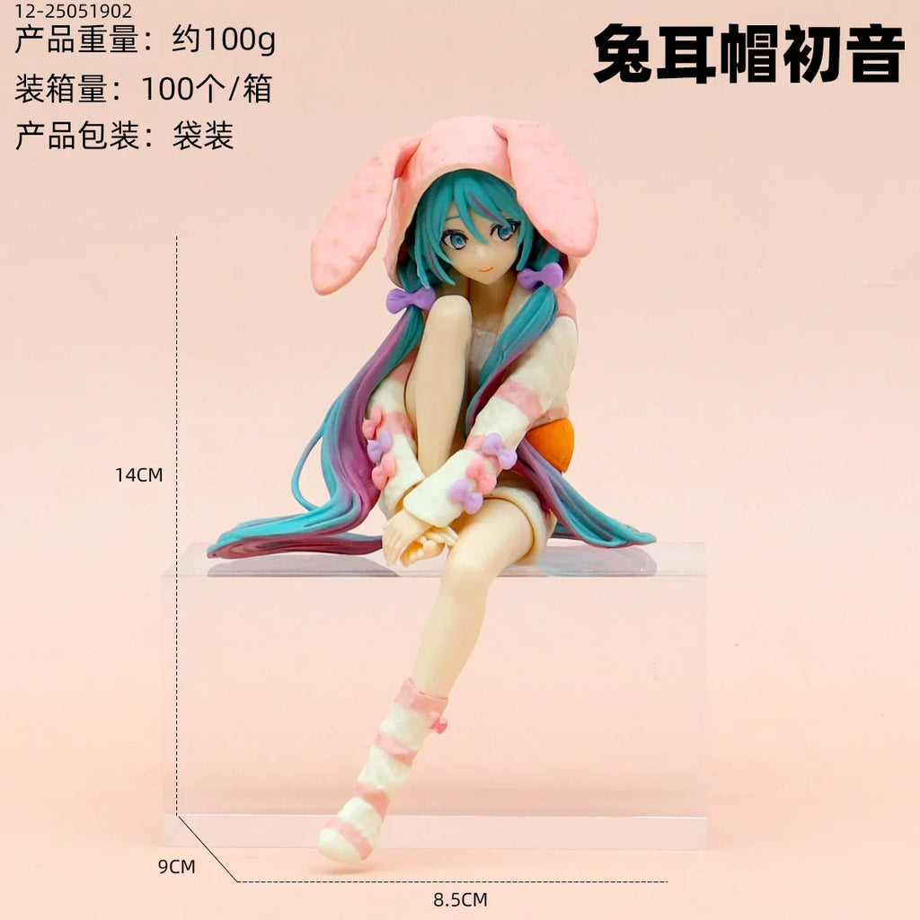 Hatsune Miku anime noodle stopper figure wearing a pink bunny ear pajama hoodie with size dimensions