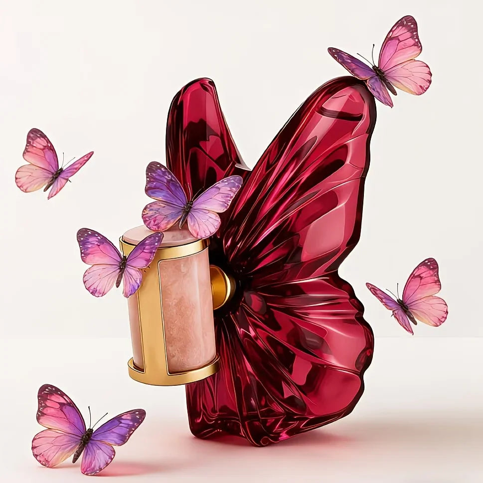 A pink butterfly-shaped glass perfume bottle decorated with multiple small colorful butterflies.
