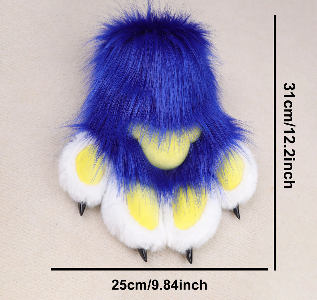 Blue and white plush animal paw glove showing dimensions in centimeters and inches.