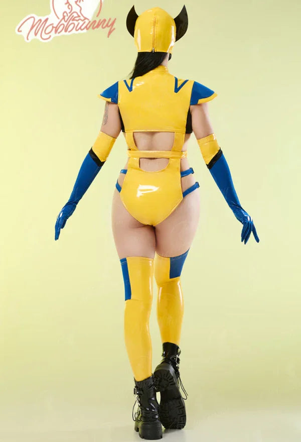 Back view of a model in a yellow and blue cosplay bodysuit with a mask