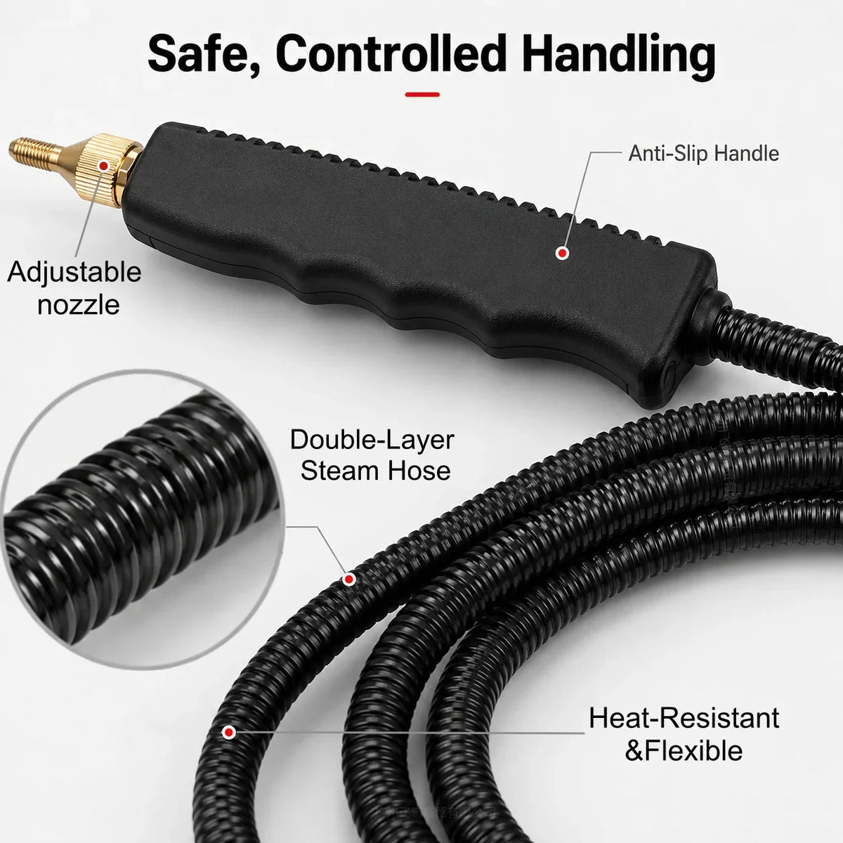 Close-up of the steam cleaner adjustable nozzle, anti-slip handle, and heat-resistant flexible double-layer hose