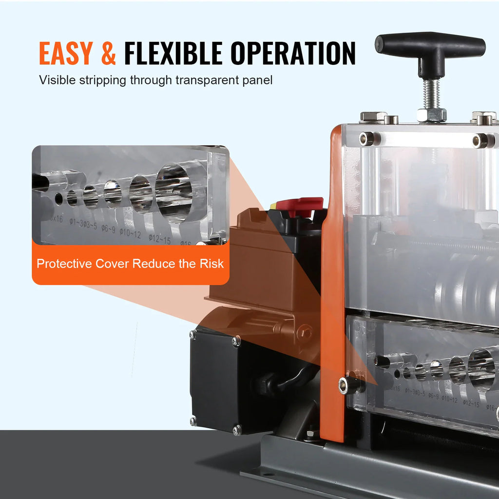 Electric wire stripping machine featuring a transparent protective cover for safe operation.