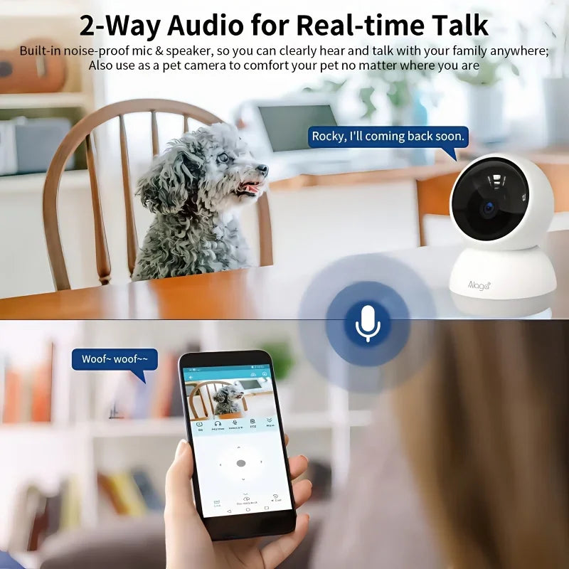 Indoor camera with 2-way audio for talking to pets or family members remotely