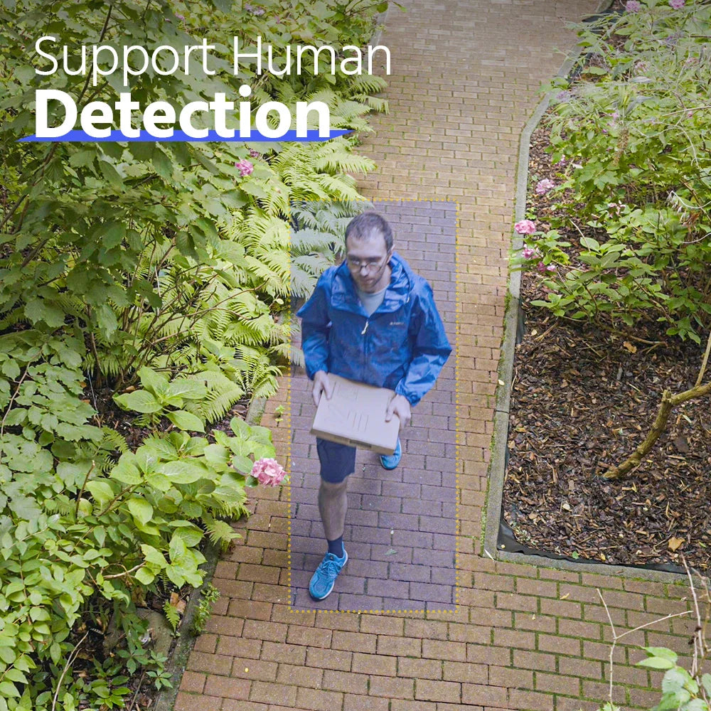 Outdoor home security camera footage showing human detection with a blue overlay highlighting a delivery person.