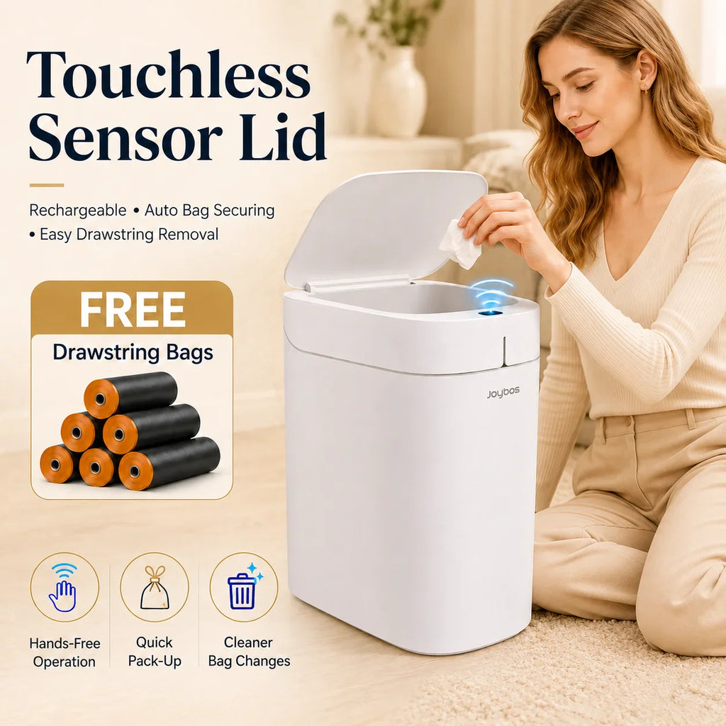White touchless smart trash can with automatic bag sealing feature in a living room setting